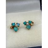 A Pair of antique 9ct gold, Black opal and single pearl earrings. Each earring is designed with
