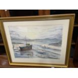 A Large original watercolour depicting boat and coastal scene. Signed and dated by the artist.