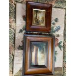 Two vintage original paintings done on glass and copper. Both fitted with dark wood frames.