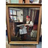 A Victorian oil painting on canvas of an elderly chap reading his new paper. Signed by the artist A.