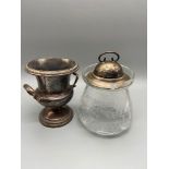A Birmingham silver two handle urn pot [9cm height] Together with a Birmingham lid and etched