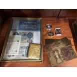 A Selection of framed bank notes, Cigarette case, Loose 24ct gold plated bank notes and three