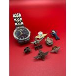 A Quantity of vintage army parachute regiment pin badges, Boy scout badge and Citizen Eco-Drive WR50