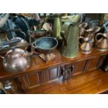 A Lot of vintage copper measure jugs, trophy, kettle and brass water jug.