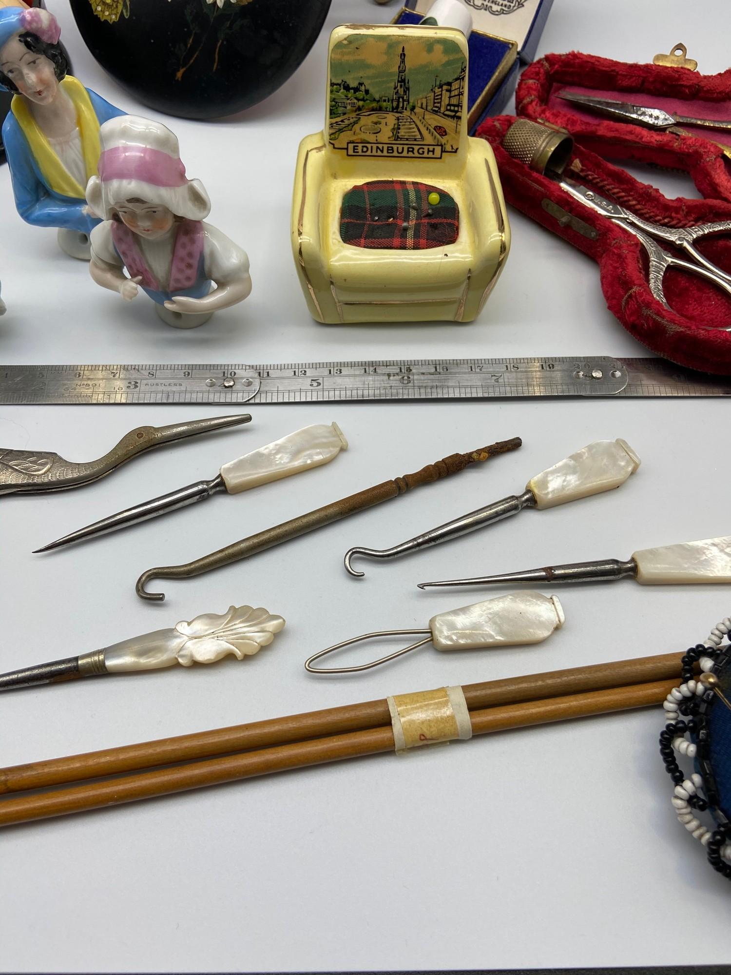 A Selection of collectable sewing items which includes three porcelain pin cushion ladies, Various - Image 3 of 7