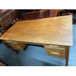 1940'S 50'S Light oak knee hole teachers school desk. [76x151x79cm]