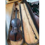 A Victorian Violin with box and casket travel case. Name inside violin 'JOHN HAW MAKER, DATED 1846'