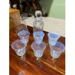 A Set of 6 vintage opalescent and amber glasses, Crystal water jug and decanter.