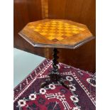 A Victorian Octagonal top chess board table. Designed with a single barley twist pedestal