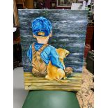 Original oil on canvas by Graham Swan. Painting depicts young boy cuddling puppy over looking the