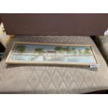 An Antique Japanese silk tapestry depicting lake, tree and pagoda structure scene. [Frame 12.5x39.