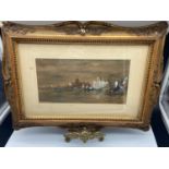 A 19th century framed watercolour depicting river scene. Fitted with an ornate gilt frame. [Frame