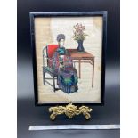 Antique 19th century Chinese pith rice paper gouache painting, Empress seated in a dragon robe.