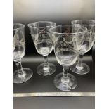 A Lot of four Georgian wine goblets etched with the story of fighting cocks, 'The Set To, The Fight,