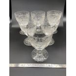 A Set of 6 Antique wine goblets designed with etched grape, vines and facet cuts.