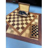 Two vintage wooden chess boards together with a classic Staunton design chess pieces. Lot also