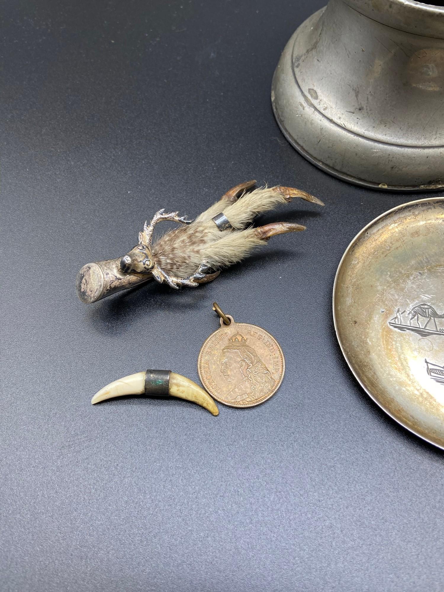 A Lot of collectable odds which includes Silver [tested] pin dish, Glasgow silver and claw brooch, - Image 3 of 3