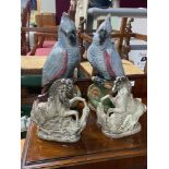 A Pair of Bo'Ness Pottery parrot figurines together with two Horse figures.