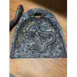 A Silver plate Japanese dragon design crumb tray and brush.