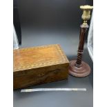 A Victorian document box detailed with inlays together with a Victorian Mahogany and brass candle