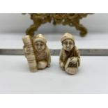 Two Japanese Meiji period ivory carved netsukes. Both signed. Rug seller and other man holding his