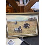 A Vintage oil painting on board depicting grouse fighting. Signed by the artist. [Frame 39x52cm]