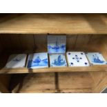 6 Various antique blue and white tiles. Four tiles depicting Galleons.