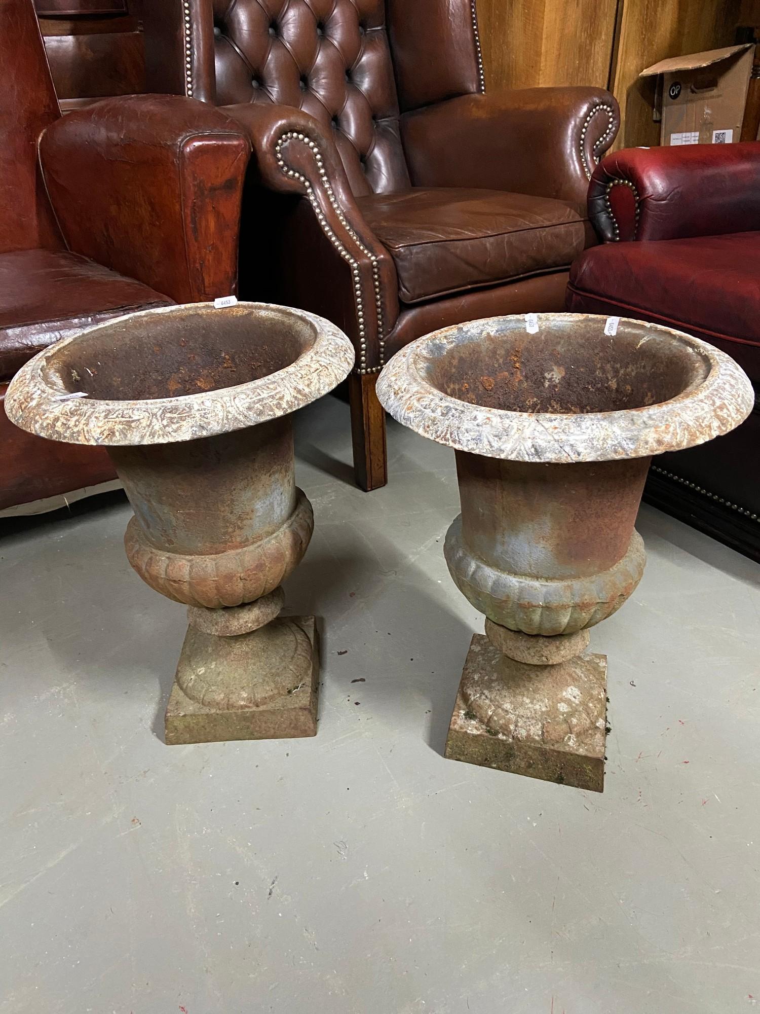 A Pair of antique cast iron urn plant pots. [44cm height]