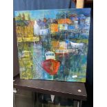 An original mixed media on canvas titled 'Fishing boats and seagulls' Signed Y Hutchinson. [39x39cm]