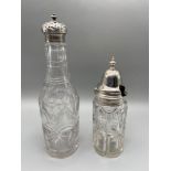 A London and Sheffield silver topped and etched glass cruet pots.