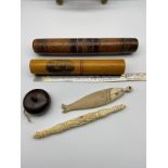 A Quantity of antique sewing items, Which includes a Victorian hand carved style bobbin, Carved Fish