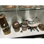 Antique minors lamp, Minors brass tag, Two never used respirators and three Minors collectors plates