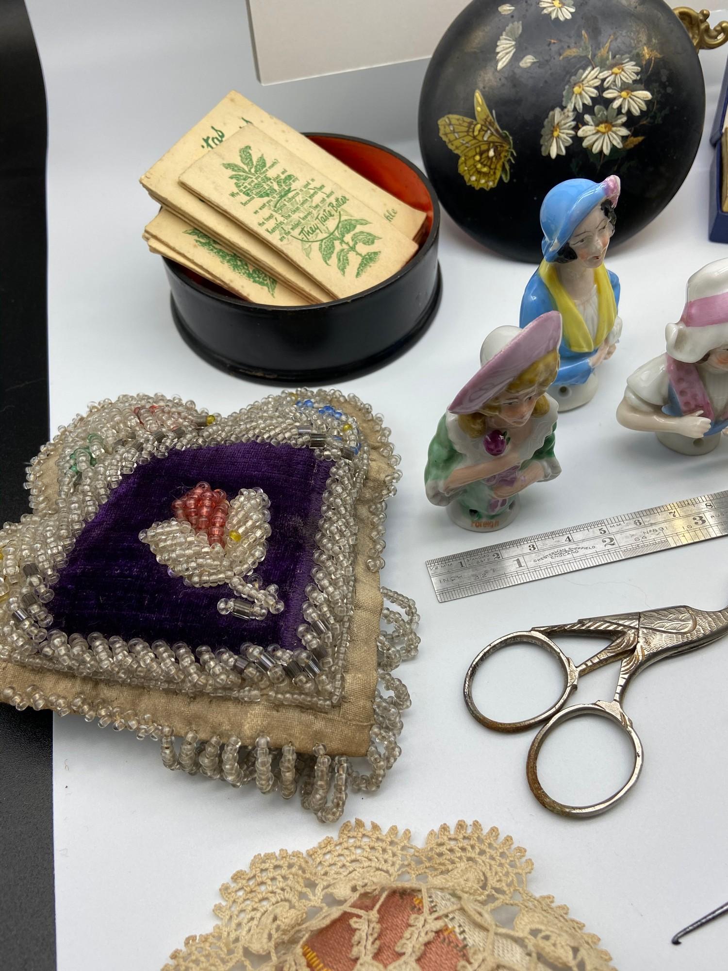 A Selection of collectable sewing items which includes three porcelain pin cushion ladies, Various - Image 6 of 7