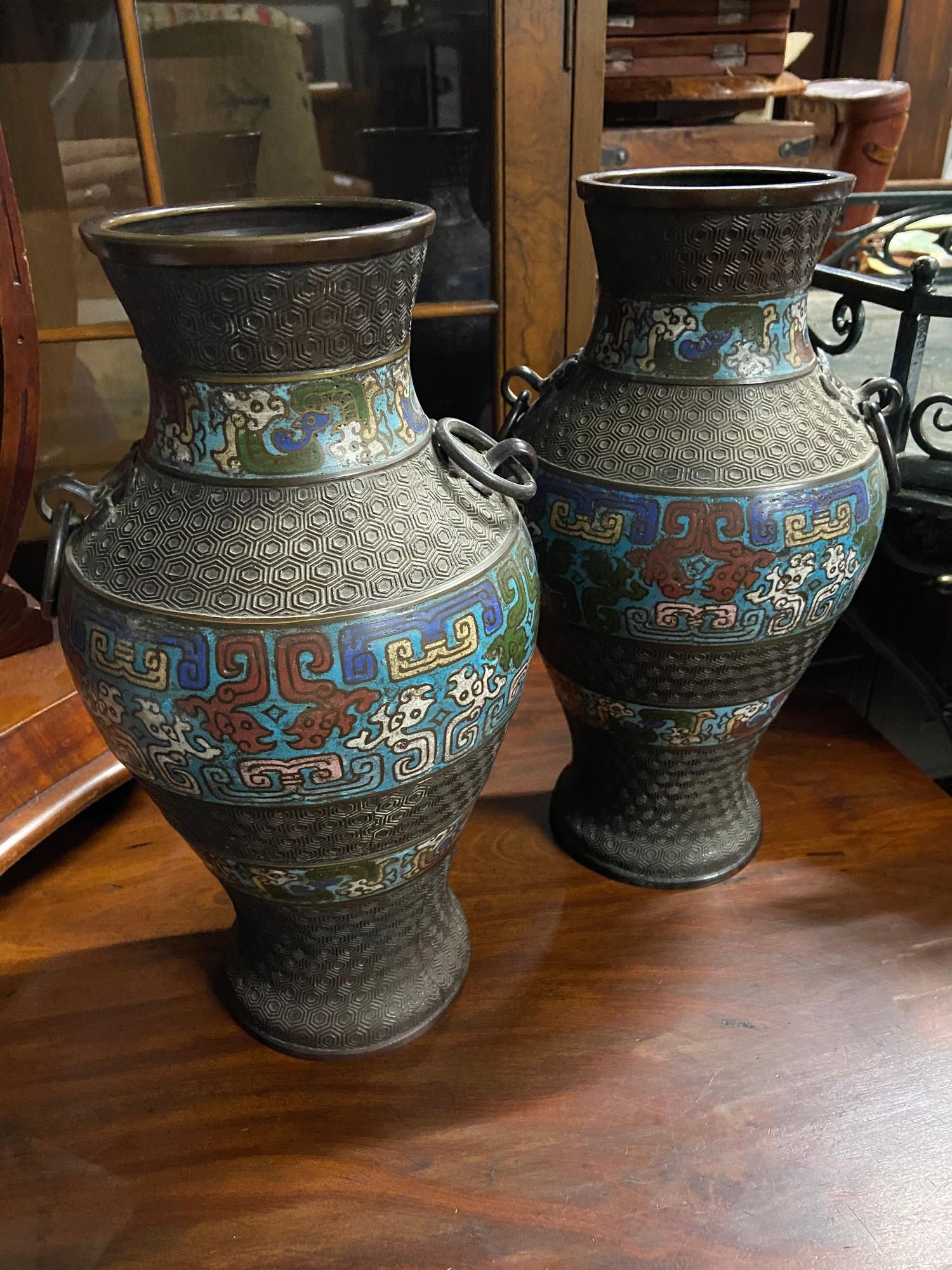 A Pair of 18th/ 19th century Chinese bronze and cloisonnï¿½ urn vases. [34cm height]