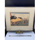 Antique Japanese block print depicting various travels. Signed. [Art work measures 25x19cm]