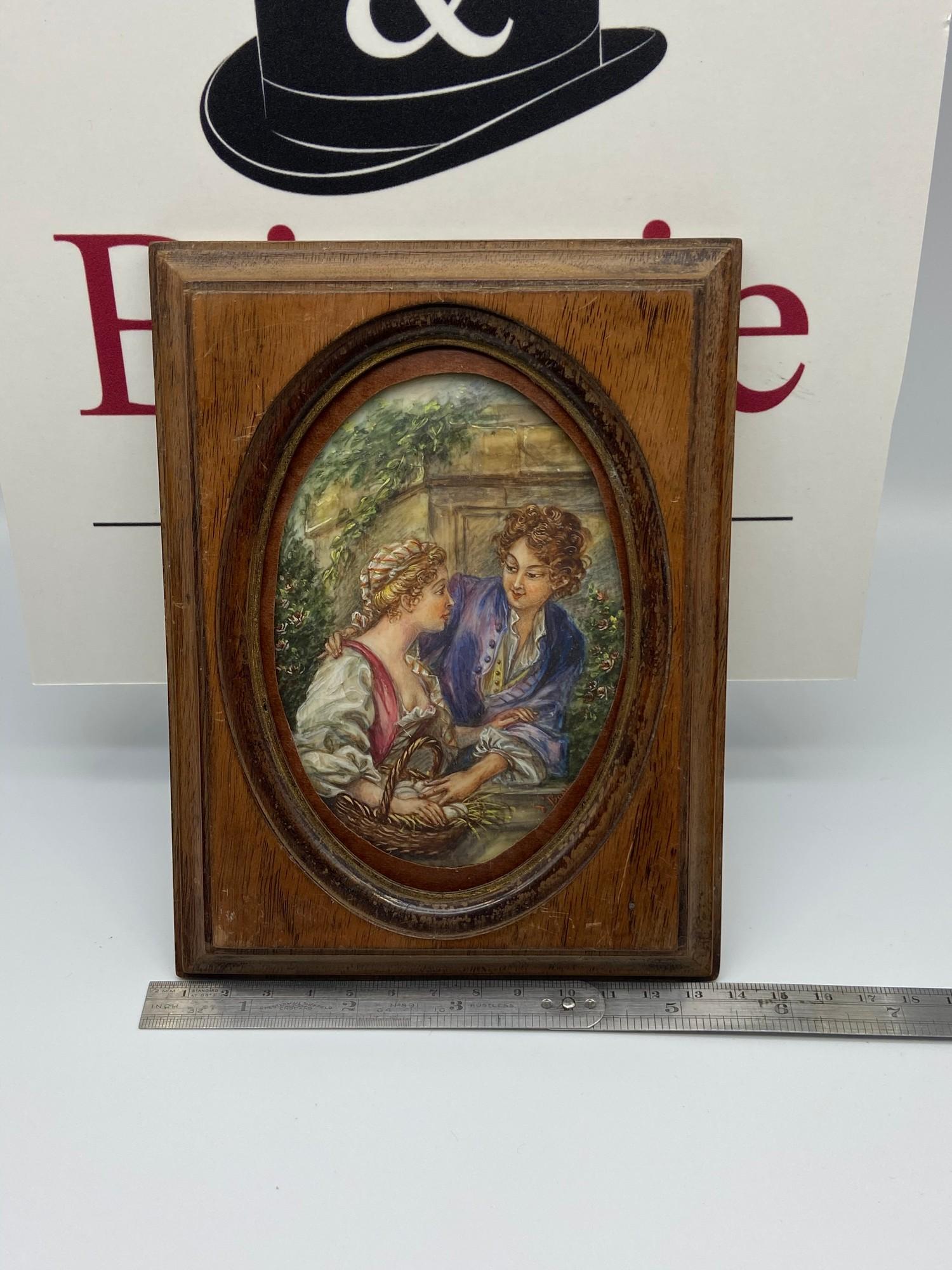 A Late 18th/ Early 19th century Miniature painting of a couple conversating. Signed D' Boucher.