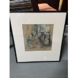An original watercolour depicting lady selling items from a cart, Signed MacGregor.