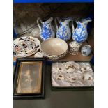 A Shelf of antiques and collectables which includes a framed 'Bubbles' Pears advertising print,