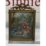 A Regency highly detailed miniature painting of three ladies and gentleman drinking and