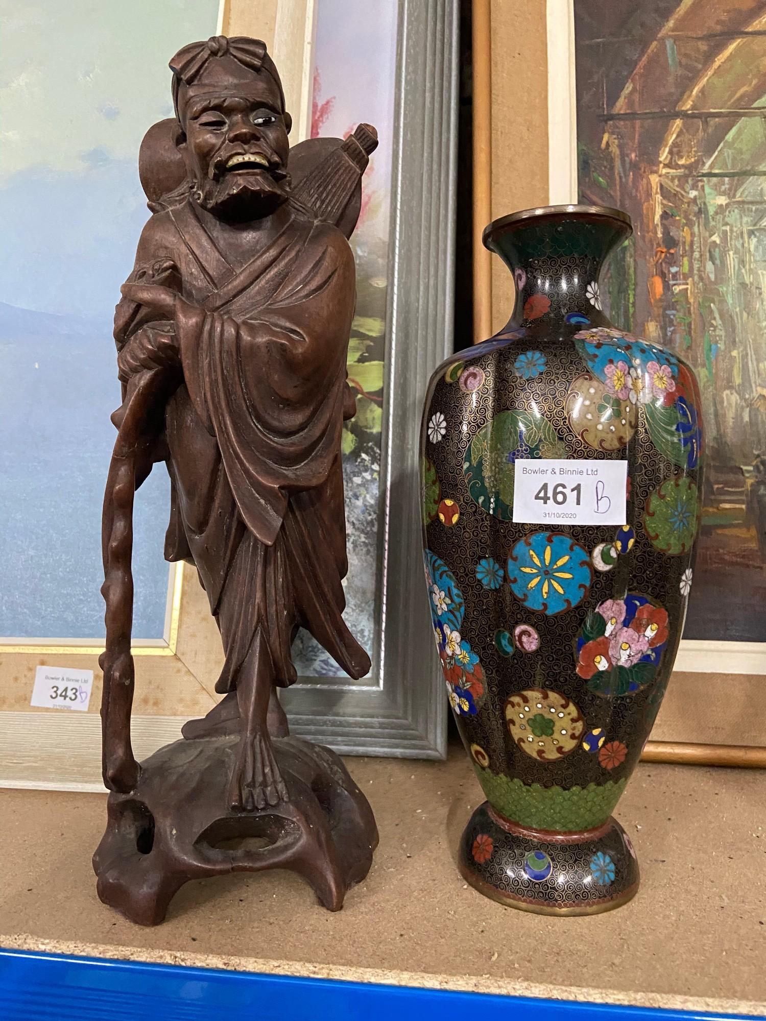 A Lovely example of a Chinese Cloisonnï¿½ vase together with a hand carved wooden Asian figure.