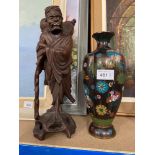 A Lovely example of a Chinese Cloisonnï¿½ vase together with a hand carved wooden Asian figure.