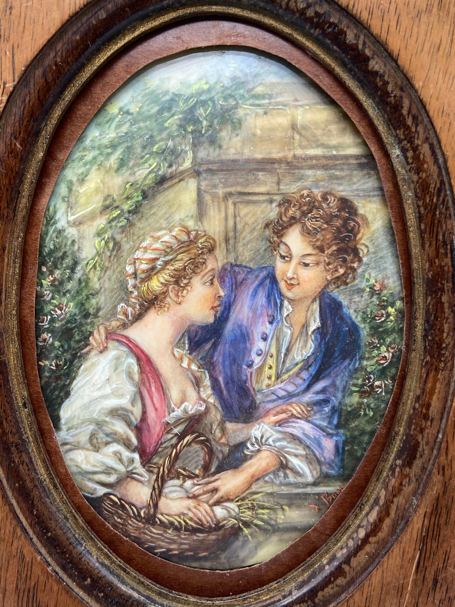 A Late 18th/ Early 19th century Miniature painting of a couple conversating. Signed D' Boucher. - Image 2 of 4