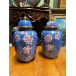 A Pair of Chinese cloisonnï¿½ cherry blossom, design preserve pots with lids.