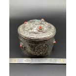 Antique Arabic style silver preserve pot, designed with various agate style stones.