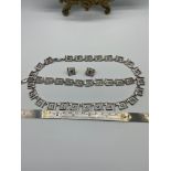A Silver 925 Greek key design necklace, earrings and bracelet set. Fully marked.