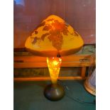 A Vintage Galle grape and vine cameo design, mushroom shaped table lamp. In a working condition. [