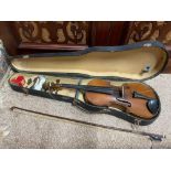 Antique Violin, Bow and carry case. The Bow has 'Made in France' Impressed.