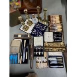 A Selection of boxed cutlery sets, Two pairs of Antique candle sticks and Boots inhaler.