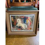 A Mid century oil painting on board depicting a white horse by A.F.Hall