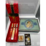 Estee Lauder Pen Pals/ Femme De Plume set, Wills Capstan royalty cigarette tin, Tuck's post card